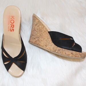 Kors Michael Kors, black leather cork wedge sandals